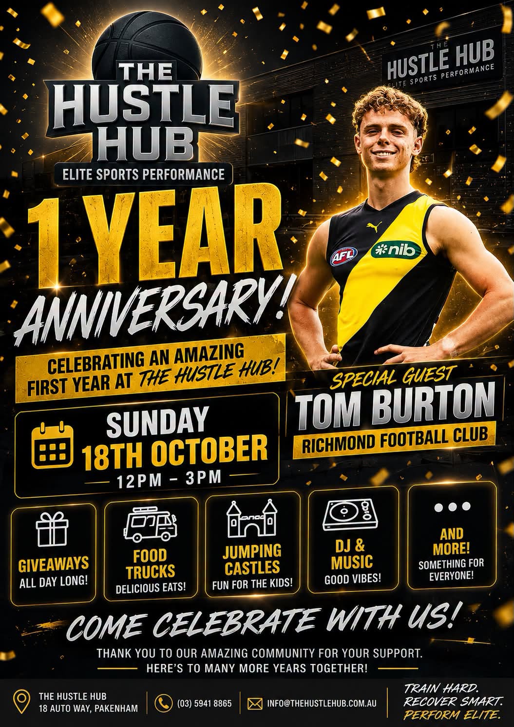 The Hustle Hub 1 Year Anniversary, Sunday 18th October, 12pm to 3pm, special guest Tom Burton from Richmond Football Club